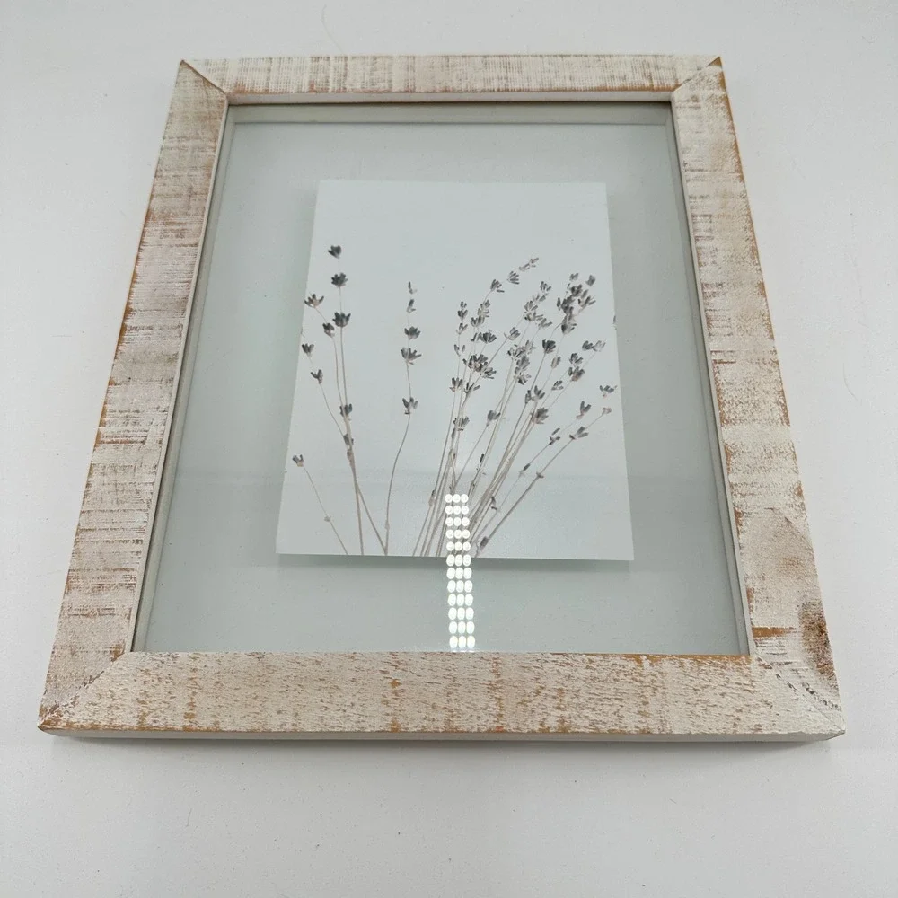 Distressed White Wood Picture Frame with Botanical Lavender Print Farmhouse Art